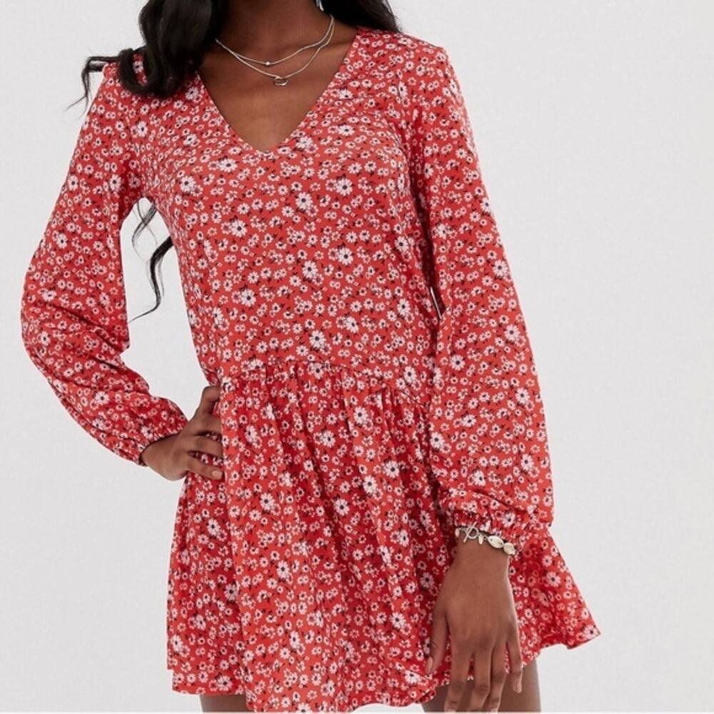 ASOS Red Ditsy Floral Boho Smock Long Sleeve Mini Shirt Dress Size 2 Feminine
